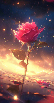 海平面上渐变落日前的一支粉色玫瑰花鲜花花朵，鲜艳爱情