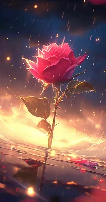 海平面上渐变落日前的一支粉色玫瑰花鲜花花朵，鲜艳爱情