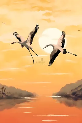 山脉落日意境国风背景