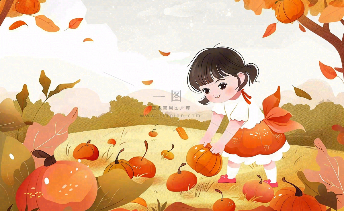 秋天摘水果的女孩果树落叶秋分立秋卡通插画背景