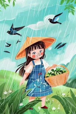 谷雨节气采茶女春天燕子雨水插画