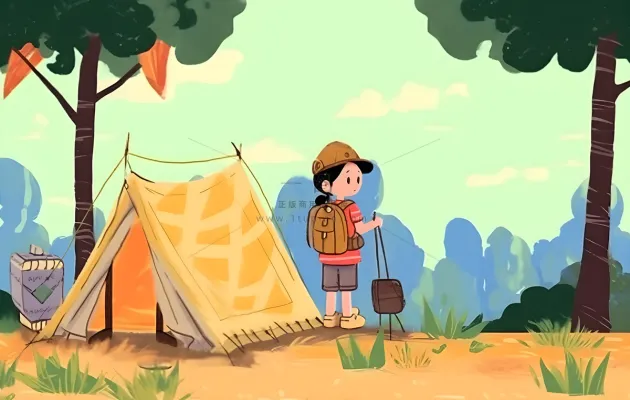 户外野外森林草原露营人们卡通插画背景 户外野外森林草原露营人们卡通插画背景