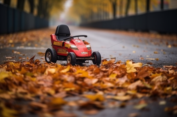 秋季道路上的落叶玩具赛车摄影图 