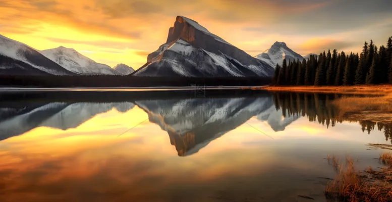 湖泊倒映着远处的山峰湖泊旁边有很多树林摄影图