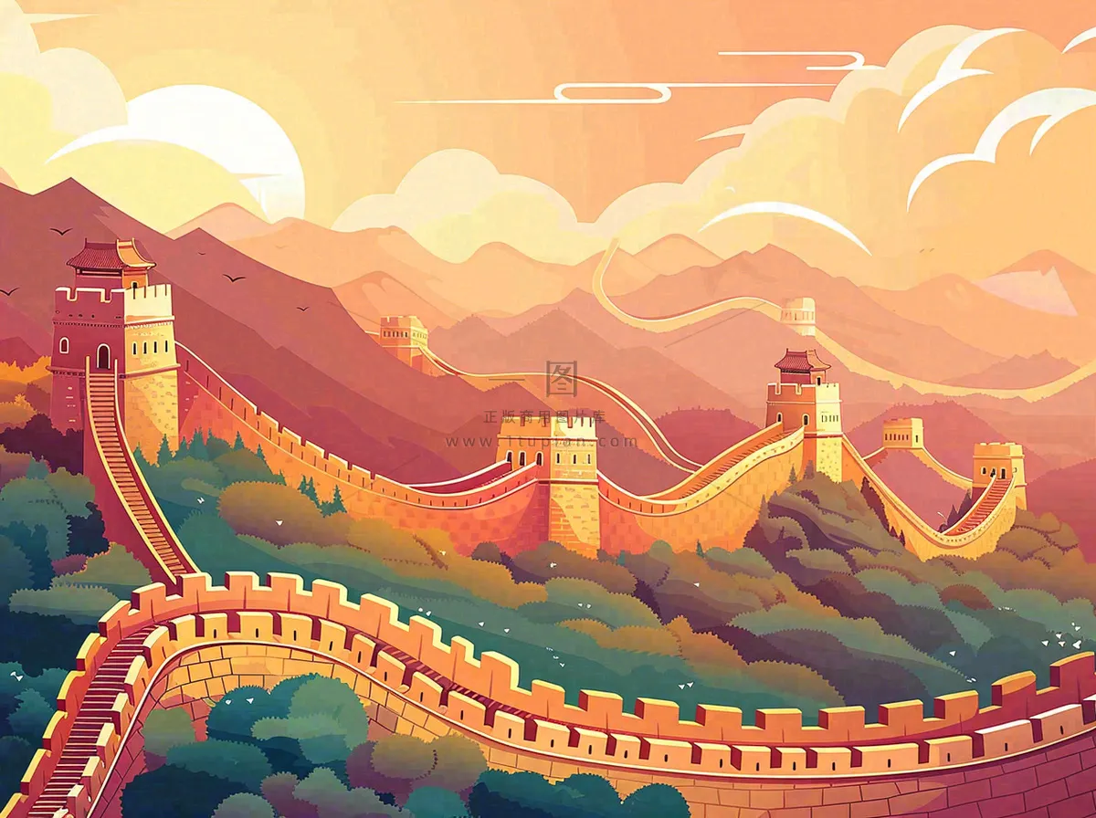 万里长城中国山河国潮插画北京旅游景点八一建军节红色文化卡通插画背景