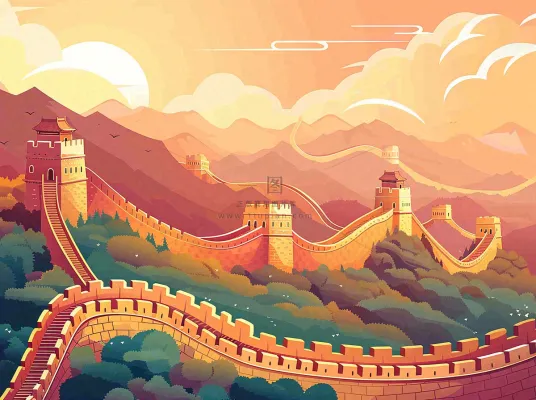 万里长城中国山河国潮插画北京旅游景点八一建军节红色文化卡通插画背景