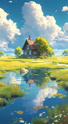 蓝天草坪上小屋房子在河流旁，河面倒影