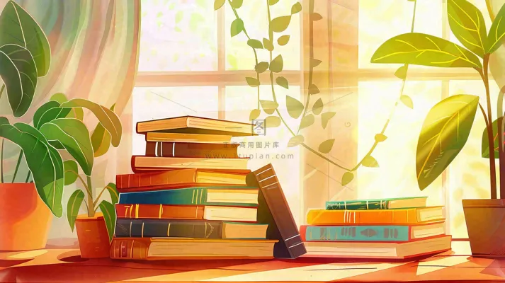 世界读书日窗前书桌书本绿植卡通插画背景 世界读书日窗前书桌书本绿植卡通插画背景