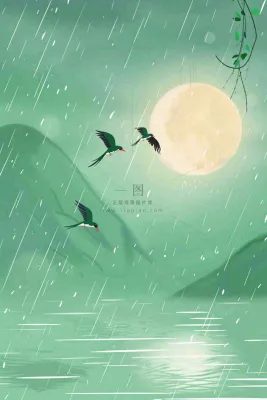 春天雨天夜晚月亮燕子山水画清冷雨水谷雨清明插画 背景 春天雨天夜晚月亮燕子山水画清冷雨水谷雨清明插画 背景