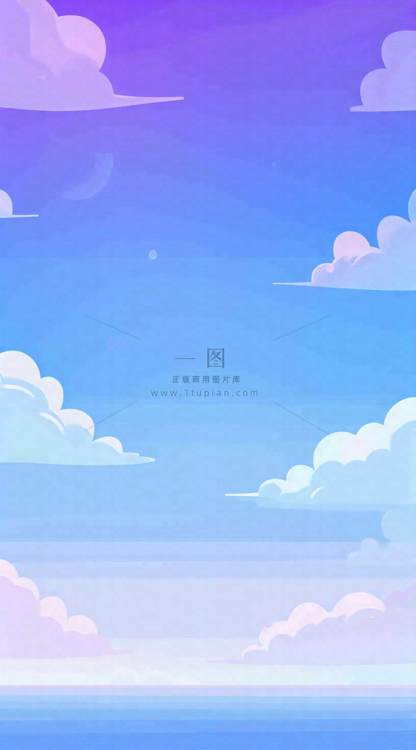 粉蓝渐变天空白云简约温馨,阳光海面海洋扁平插画