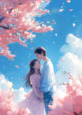 爱情情侣拥抱情人节浪漫粉色花朵，蓝天白云