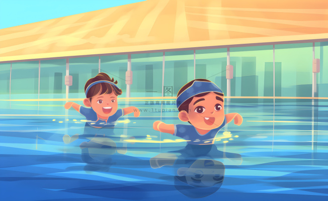 游泳池游泳儿童学生们玩乐蓝色卡通插画背景 游泳池游泳儿童学生们玩乐蓝色卡通插画背景