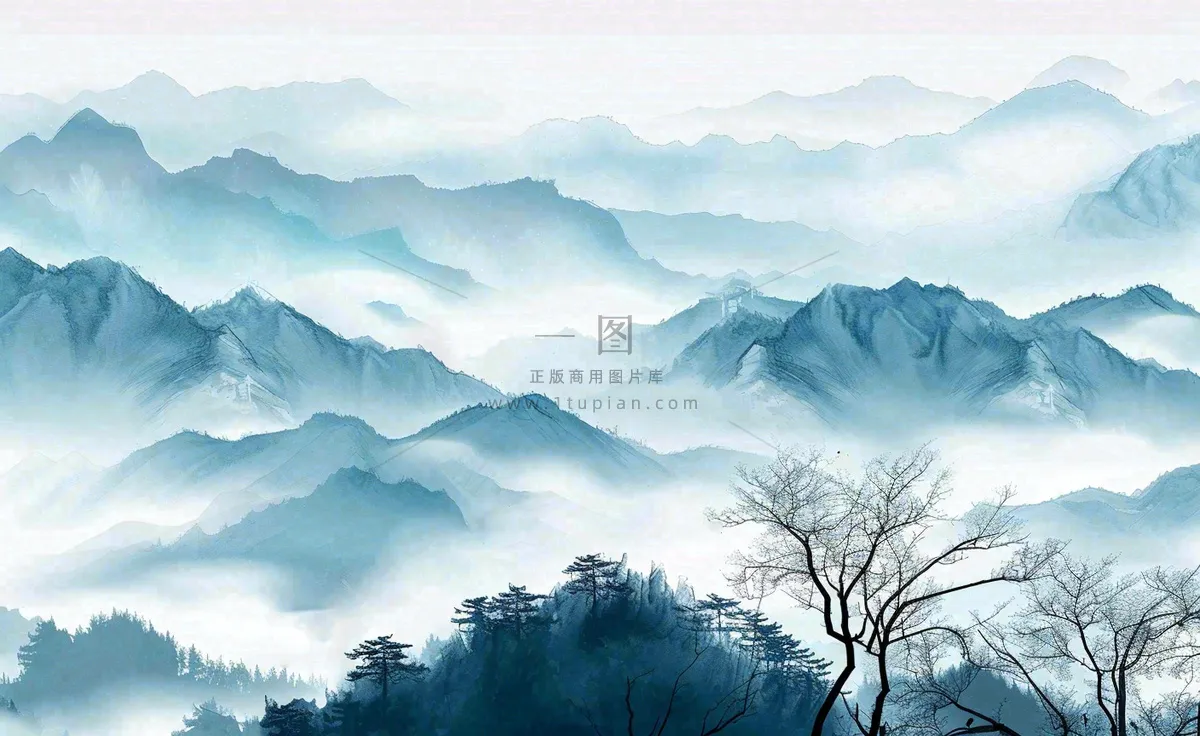 中国风水墨山水画青山山峦叠嶂云雾清明端午寒露古风插画背景