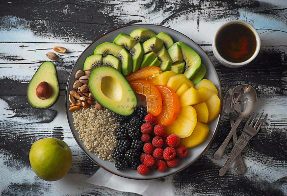 美食水果拼盘早餐沙拉咖啡，牛油果香蕉草莓奇异果果汁摄影图