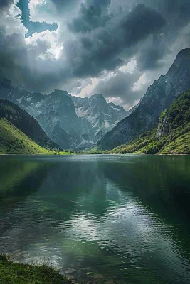 高原雪山下的湖泊自然风景乌云摄影图