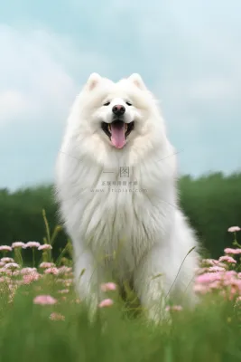 白色萨摩耶宠物狗在草坪花丛玩耍开心背景