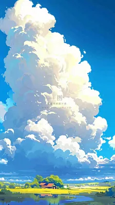 春天乡村河流倒影草地蓝天白云小屋手绘插画 春天乡村河流倒影草地蓝天白云小屋手绘插画