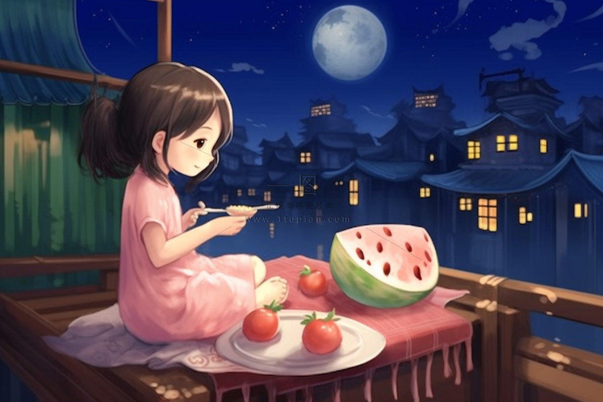 夜晚窗边赏月人物插画背景