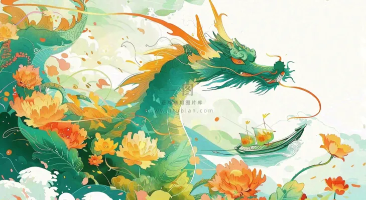 中国龙龙舟绿色创意插画端午节背景 中国龙龙舟绿色创意插画端午节背景