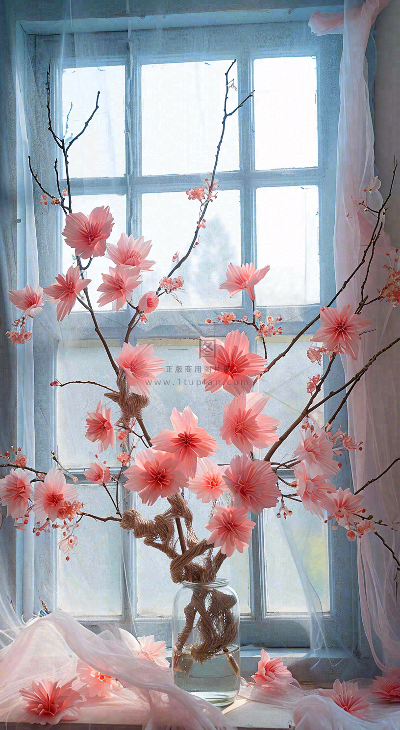 春天窗台花瓶粉色鲜花花束,春分