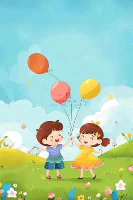草坪玩耍的儿童气球派对儿童节卡通插画背景 草坪玩耍的儿童气球派对儿童节卡通插画背景
