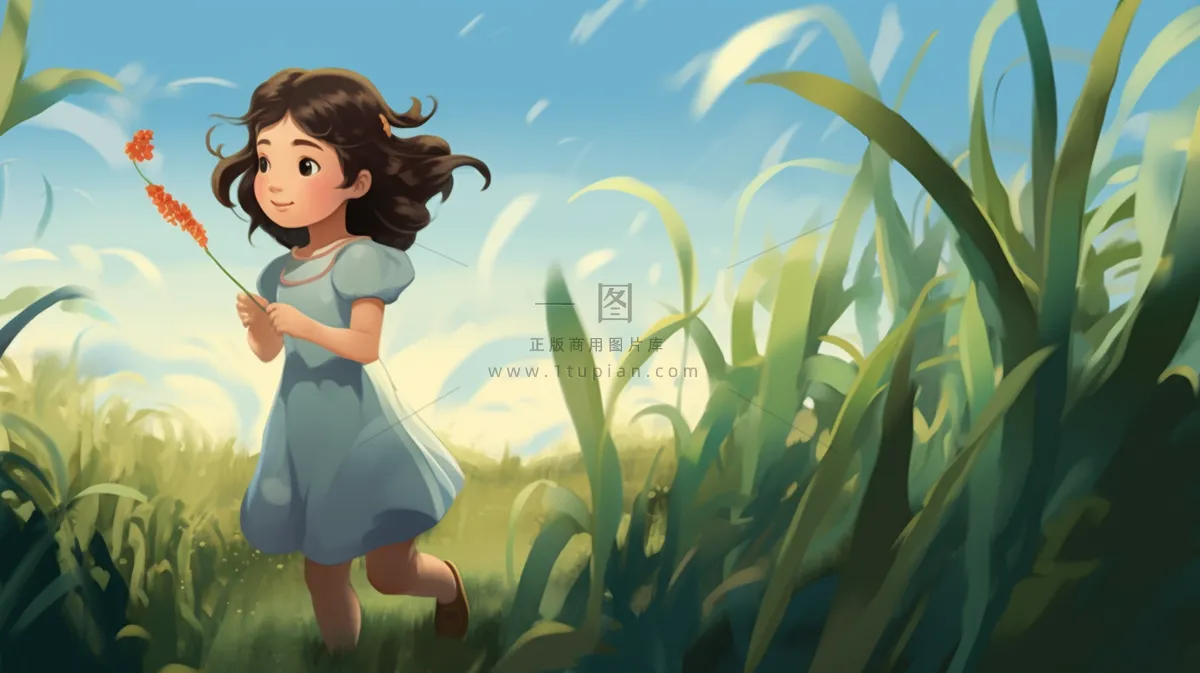 穿裙子的小女孩在草丛花丛里奔跑卡通插画素材
