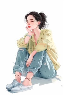 蹲坐着的少女朝气马尾发型插画背景