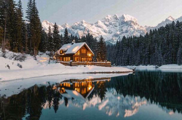 雪山下的湖泊木屋灯火大自然雪景摄影图