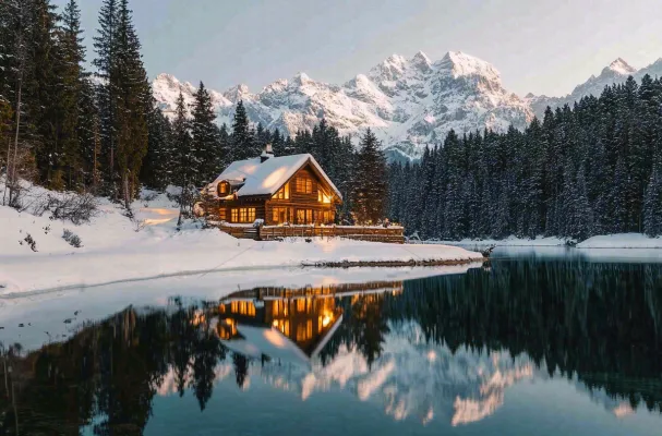 雪山下的湖泊木屋灯火大自然雪景摄影图