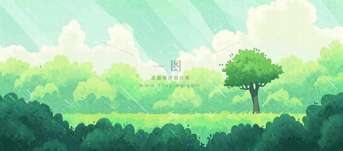 春天绿色插画手绘森林草地，白云阳光