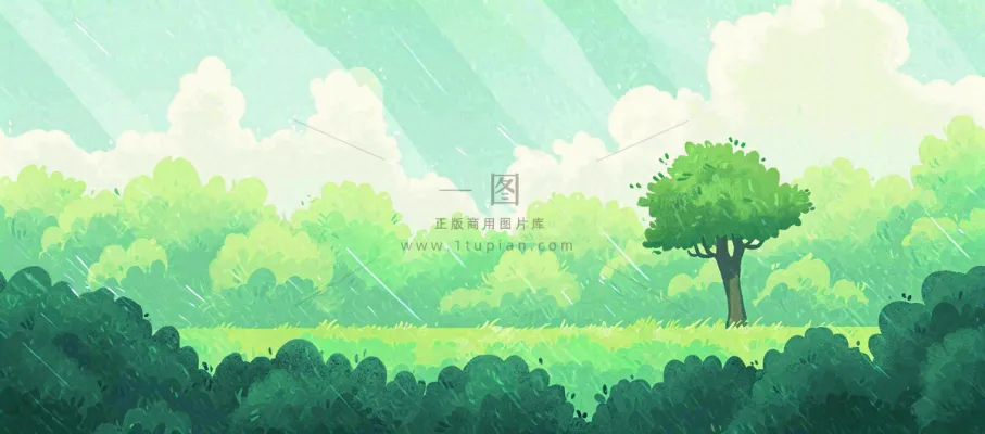 春天绿色插画手绘森林草地,白云阳光 春天绿色插画手绘森林草地,白云阳光