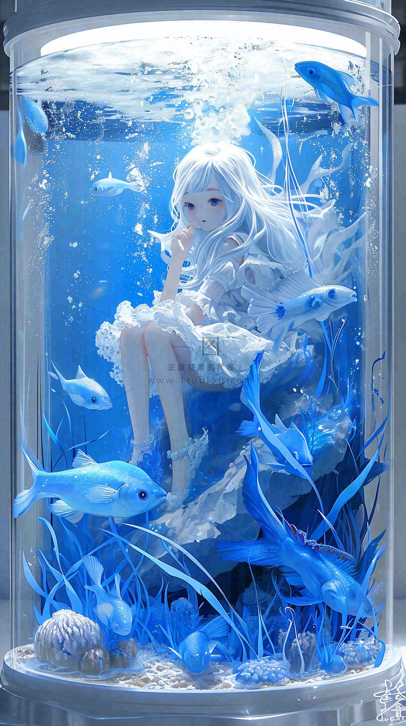 蓝色水面美人鱼,鱼类少女动漫漫画手绘插画