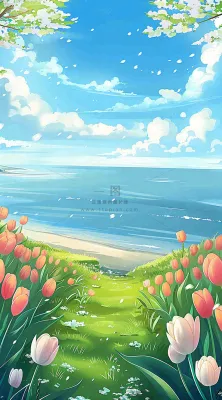 春天海边晴天蓝天白云郁金香春分插画背景 春天海边晴天蓝天白云郁金香春分插画背景