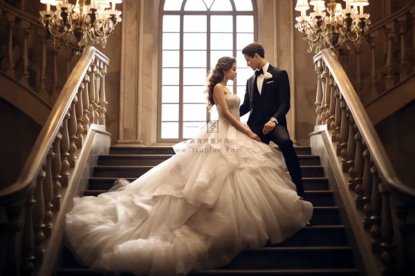 婚纱西装的新婚夫妇婚纱照教堂摄影图