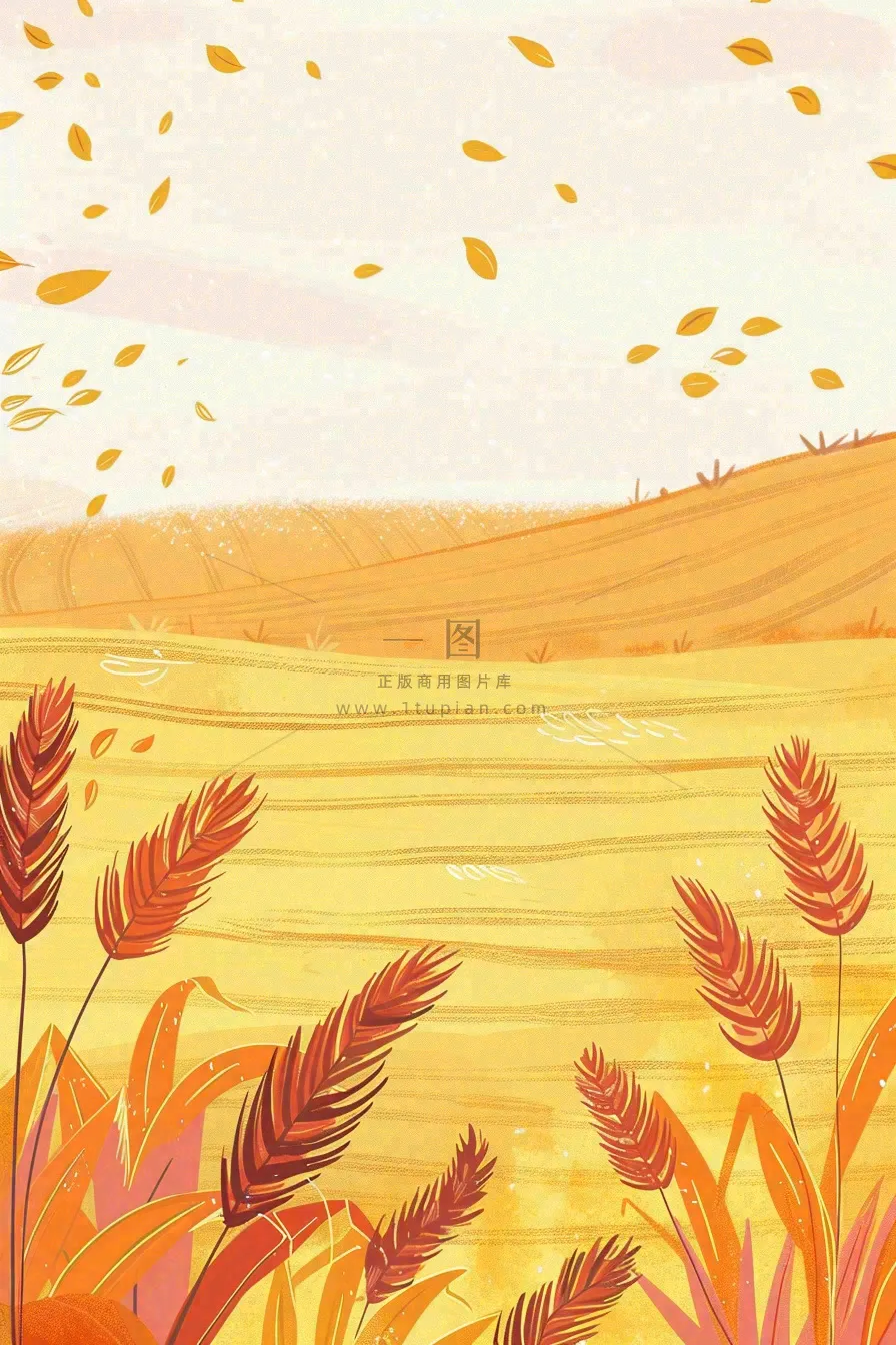 秋天金黄的麦田小麦黄树秋风丰收的季节立秋秋分卡通插画背景