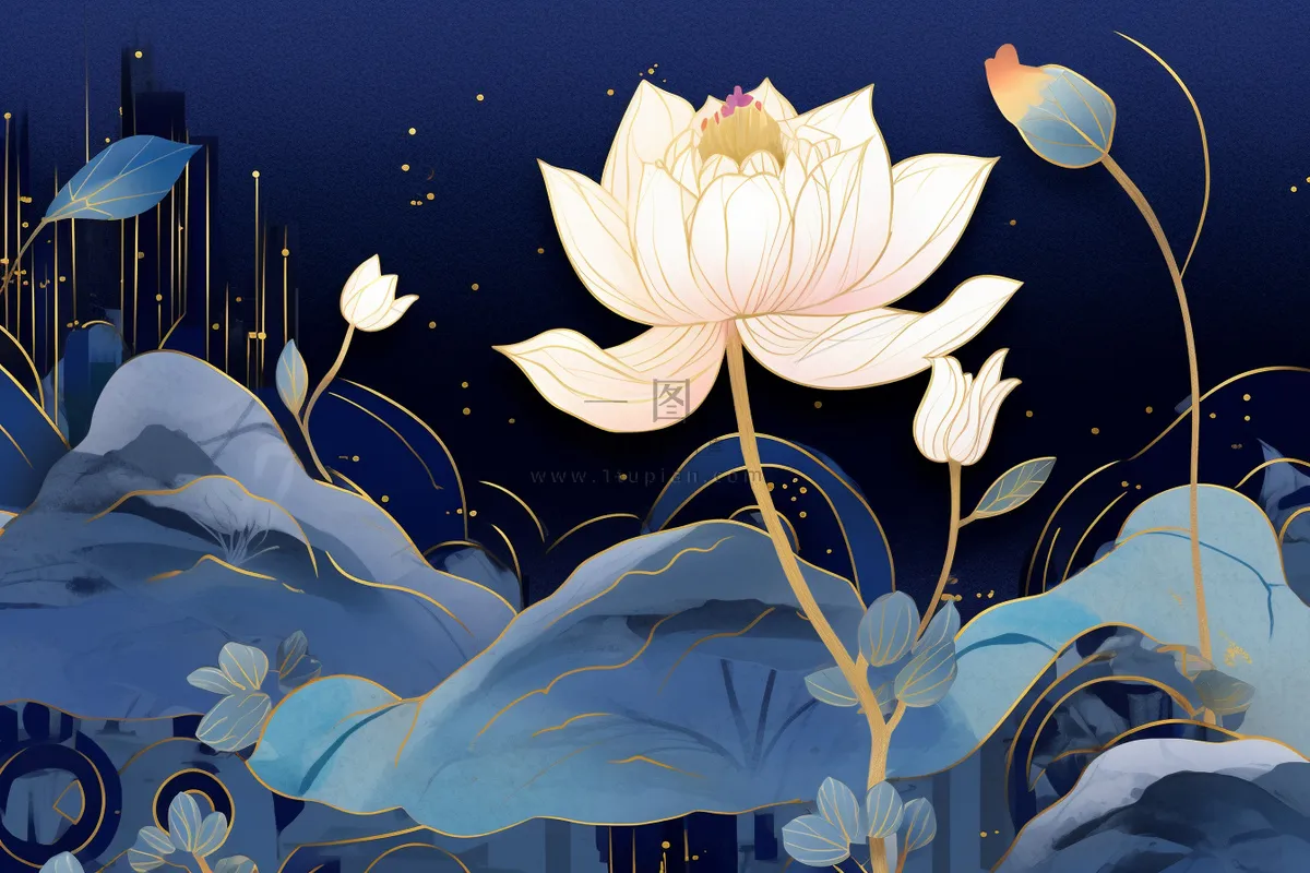 简约意境山水荷花蓝色背景