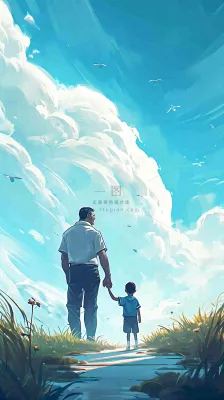 蓝天白云下父亲牵着手,父爱背影亲情伟大感恩 蓝天白云下父亲牵着手,父爱背影亲情伟大感恩