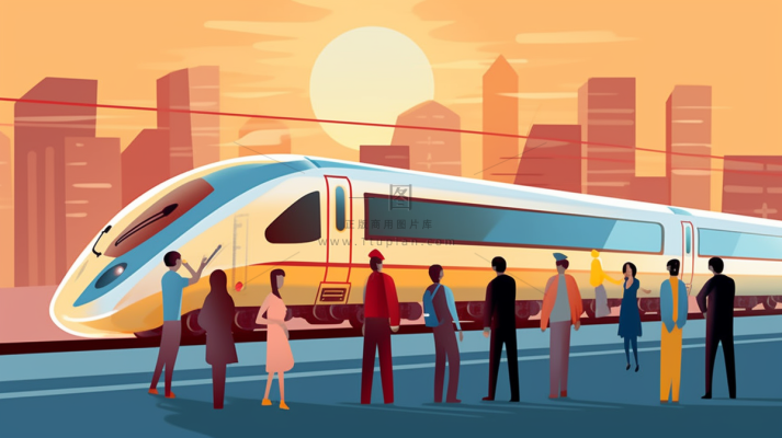 中国传统节日春节除夕春运赶火车回家团聚的人物插画海报背景