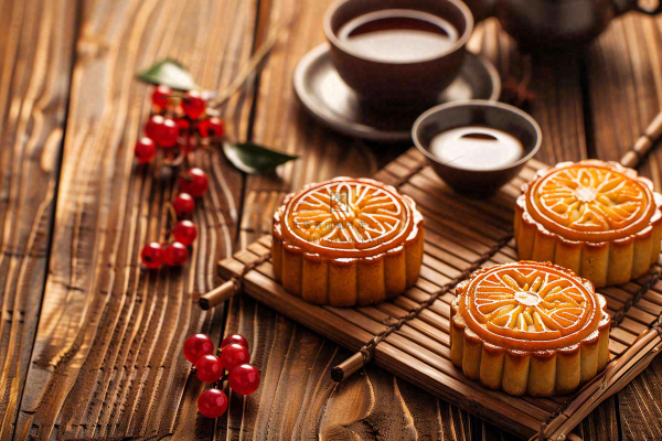 中国传统糕点月饼竹制托盘上的茶杯中秋节摄影图