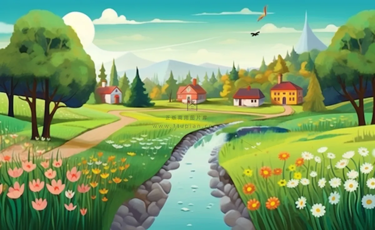 乡村村庄美丽风景河流插画农田插画背景