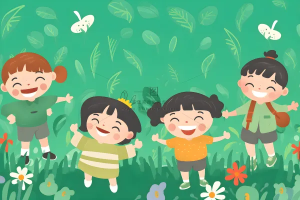 儿童躺着绿色草地上花草海报插画素材背景