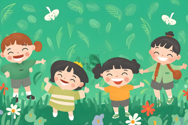 儿童躺着绿色草地上花草海报插画素材背景 儿童躺着绿色草地上花草海报插画素材背景