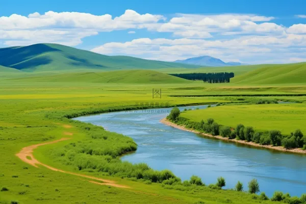 草原河流湿地白云蓝天大自然风景摄影图