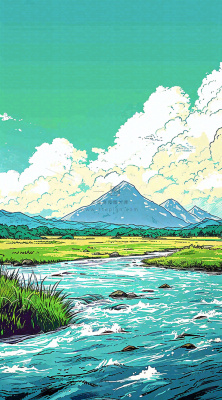 春天阳光灿烂远处的高山和田野春意盎然手绘卡通画