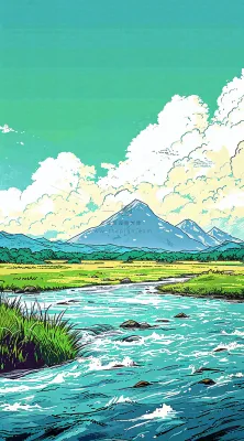 春天阳光灿烂远处的高山和田野春意盎然手绘卡通画