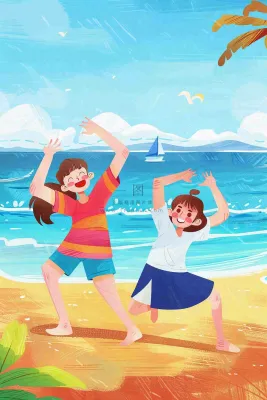 夏至海边沙滩度假玩乐小暑大暑节气插画背景