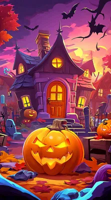 恐怖气氛万圣节南瓜屋子，西方节日卡通