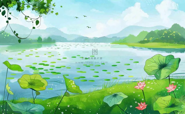 春夏风景湖泊荷花柳树立夏小暑夏至插画背景