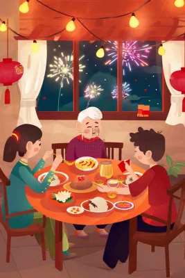新年除夕夜团圆饭节日喜庆过年团聚一家人春节插画背景