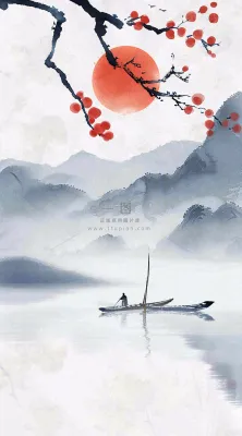 中国风山水秋冬柿子树霜降插画背景 中国风山水秋冬柿子树霜降插画背景